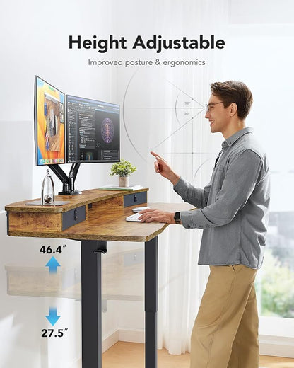 HUANUO 55″ x 26″ Electric Standing Desk with 2 Drawers, C-Clamp Mount Compatible, Height Adjustable Computer Desk, Home Office Stand Up Desk with 4 Preset Heights & 2 Hooks, Vintage Brown