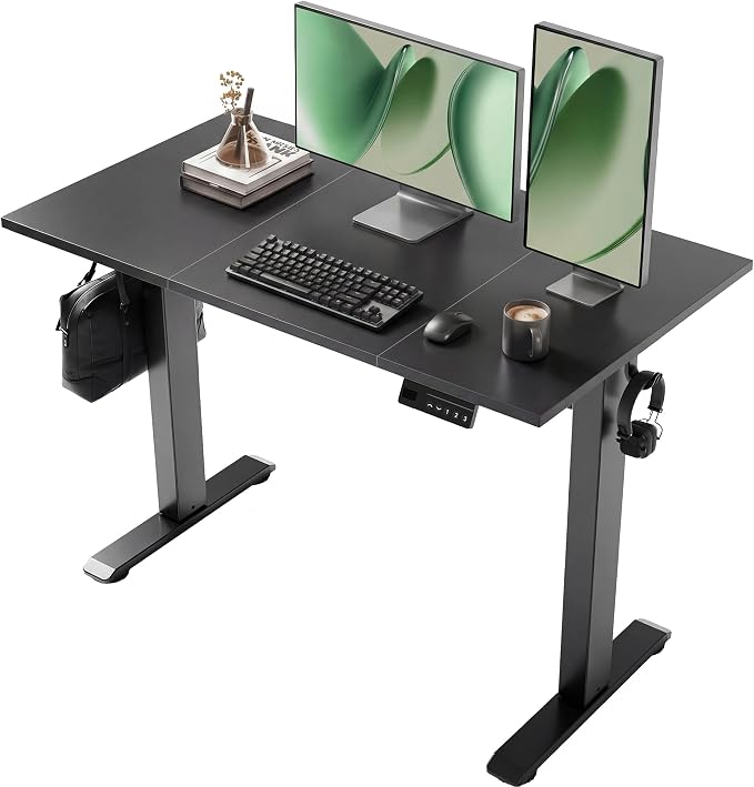 YDN Electric Standing Desk Adjustable Height, 48 x 24 Inches Sit Stand up Desk with Memory Presets & Cable Management, Home Office Desk for Office & Computer Workstation, Black Frame/Black Top
