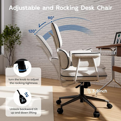 HomeZeer White Office Chair, Memory Foam Seat Mid Century Modern Desk Chair | 3.9" Sloped U-Shaped Memory Foam Cushion, Granular Linen Fabric, Lumbar Support, 1.2mm Sturdy Metal Tube, 400LBS Capacity
