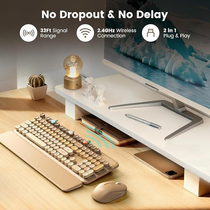 Wireless Keyboard and Mouse Combo, Full-Size Retro Typewriter Keyboard with Round Keycaps, Magnetic Wrist Rest & Tilt Legs, 2.4GHz Cordless for Mac/Windows PC/Laptop, SABLUTE CK23, Latte Gradient