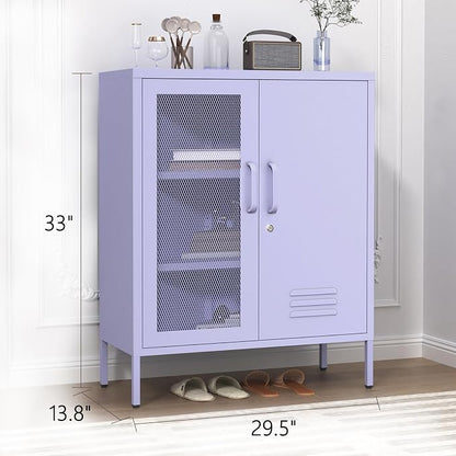 Metal Storage Cabinet with Mesh Doors 33"H Steel Locker Cabinet with 2 Tier Adjustable Shelves Purple Lockable Metal Locker Cabinets Sideboard for Home Office Entryway Size：33" H X 29.5" W X 13.8" D
