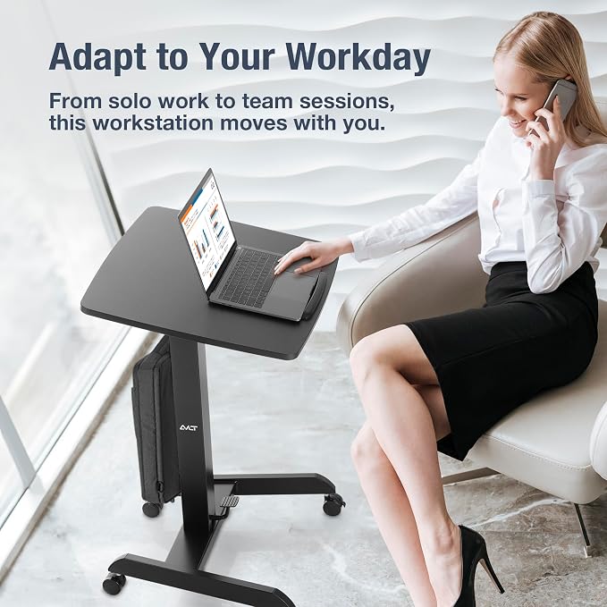 AVLT 47" Height Adjustable Mobile Workstation with Tilting Desk Black | 3 ft 11 inches - Foot Pedal Pneumatic Standing Desk Cart - Mobile Laptop Cart - Mobile Cart with Brake Casters