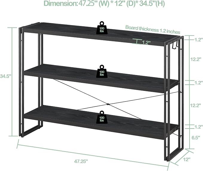 HCHQHS Bookshelf, 3-Tier Industrial Bookcase, Black Open Book Shelf, Freestanding Horizontal Bookshelves with Metal Frame