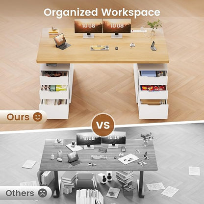 SEDETA 55" Electric Standing Desk with 6 Drawers, Adjustable Stand up Desk with Storage, Computer Desks with Power Outlets for Home Office, White + Oak