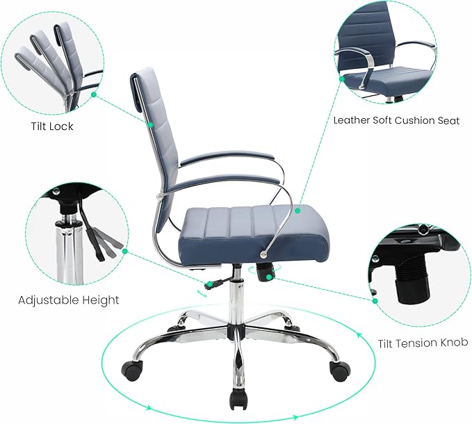 LeisureMod Benmar Leather Office Desk Chair, Mid-Back Ergonomic Swivel Chair with Lumbar Support, Adjustable Height, Tilt Lock, Cushioned Seat & Back, Home Office Task Chair (Navy Blue, Single)
