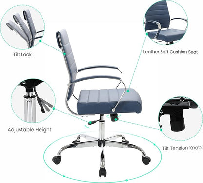 LeisureMod Benmar Leather Office Desk Chair, Mid-Back Ergonomic Swivel Chair with Lumbar Support, Adjustable Height, Tilt Lock, Cushioned Seat & Back, Home Office Task Chair (Navy Blue, Single)