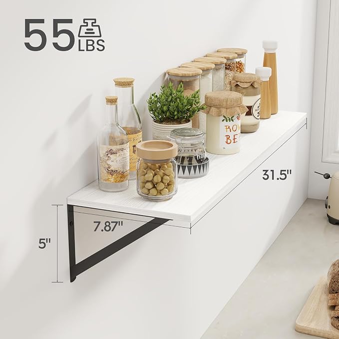 Heimlove White Deep Floating Shelves for Wall, 32W x 8D Wood Wall Shelves Set of 2, Wide Floating Bookshelf for Living Room, Kitchen, Office, Bedroom and Decor Storage, with Black Bracket - White
