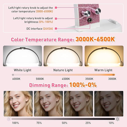 HITTI Super Large 31in Half Moon Light for Nail Desk, Foldable Arch Light for Nail Tech Lamp with Phone Stand, LED Table Lamp for Manicure, Handicraft, Art, Eyelash Extension (Crystal Diamond) -White