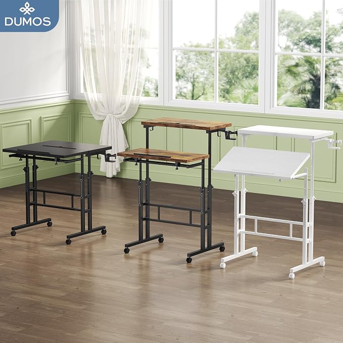 DUMOS Split Top Rolling Standing Desk 23.6 Inch Mobile Laptop Workstation Manual Height Adjustable Sit Stand Office Table Walking Pad Study Surface Portable Home Office Computer Cart Black