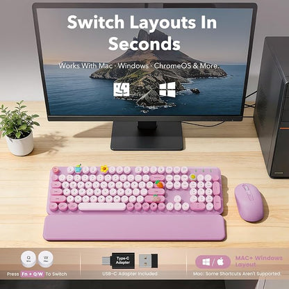Wireless Keyboard and Mouse Combo, Round Keycaps, Full-Size Retro Typewriter Keyboard with Magnetic Wrist Rest, Tilt Legs, 2.4GHz Cordless Connection for Mac/Windows/PC, SABLUTE CK23, Lavender Purple