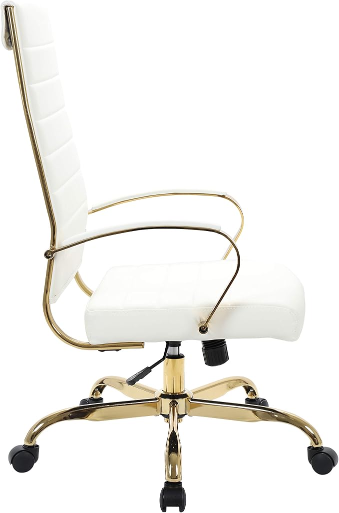 LeisureMod Modern High-Back Leather Office Chair - Swivel & Adjustable Executive Desk Chair with Gold Frame, Ergonomic Design for Home & Office (White, Single)