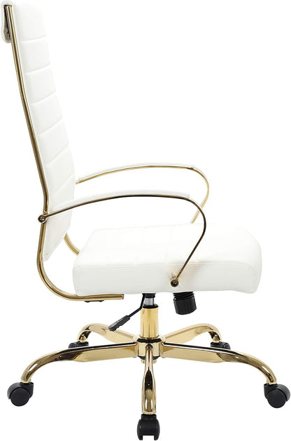 LeisureMod Modern High-Back Leather Office Chair - Swivel & Adjustable Executive Desk Chair with Gold Frame, Ergonomic Design for Home & Office (White, Single)