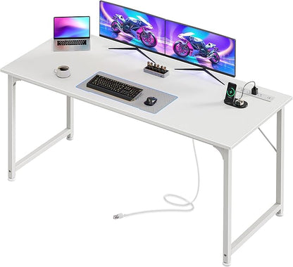 PRAISUN 55 X 20 Inch Office Computer Desk with Power Outlets and USB-C Port, Larger and Longer Gaming Desk, for Home Office, Study, Bedroom, Writing Work from Home Table, Metal Frame, White
