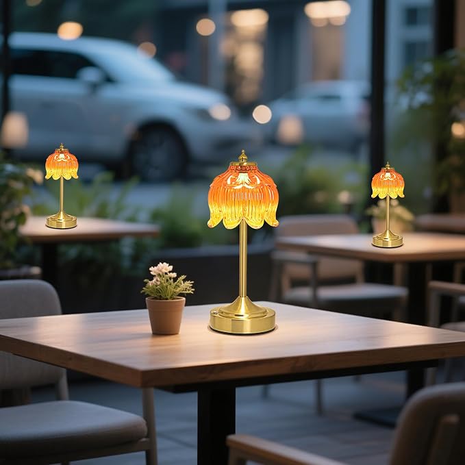 Cordless Lotus Flower Table Lamp, 5200mAh Rechargeable Battery Operated Portable Lamp, 3-Color Dimmable Touch Control Small Desk Lamp for Bedroom, Office, Kitchen, Nightstand,Room Decor (Orange-red)