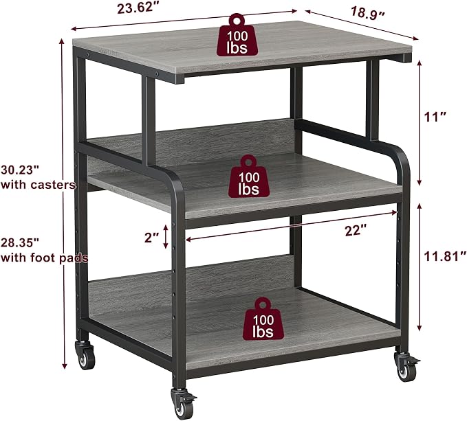 Large Printer Table with Storage, 3 Tier Printer Stand with Wheels, Printer Cart for Home Office, Desk for Printer, Paper Shredder, Scanner, Gray