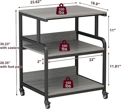 Large Printer Table with Storage, 3 Tier Printer Stand with Wheels, Printer Cart for Home Office, Desk for Printer, Paper Shredder, Scanner, Gray