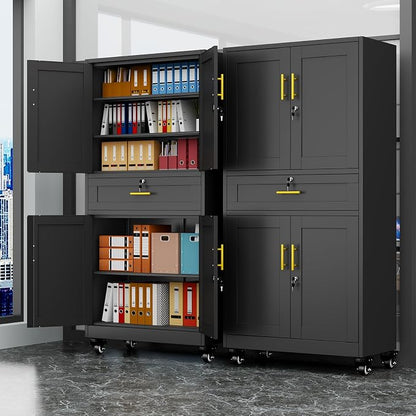 Black Metal Storage Cabinet, 71" Tall Locking Storage Cabinet with 2 Adjustable Shelves, Steel Locker Organizer, for Office, Home, School