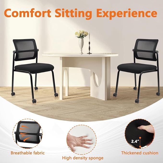 CLATINA 12PK Mesh Stacking Office Desk Chairs with Wheels, Portable Stackable Bulk Waiting Room Armless Chair with Adjustable Back & Fabric Seat for Guest Lobby Side School Church Conference Break