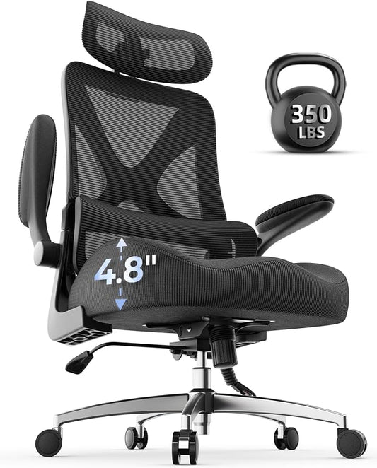Big and Tall Office Chair, 350lbs Heavy Duty Desk Chair with Extra Wide Memory Foam Seat, 21-24.5 in Adjustable Height, Sacral Lumbar Support, Headrest and Flip-Up Arms for Home Office