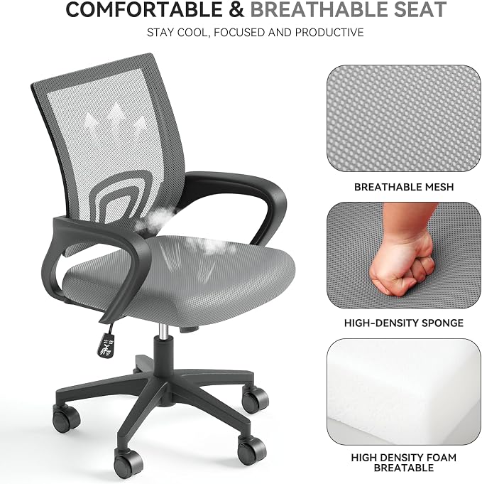 Office Chair, Ergonomic Mid-Back Mesh Desk Chair with Lumbar Support, Adjustable Height Computer Chair with Rolling Wheels Design,Comfy Armrest for Work, Study, Gaming, 2 Pack, Light Gray