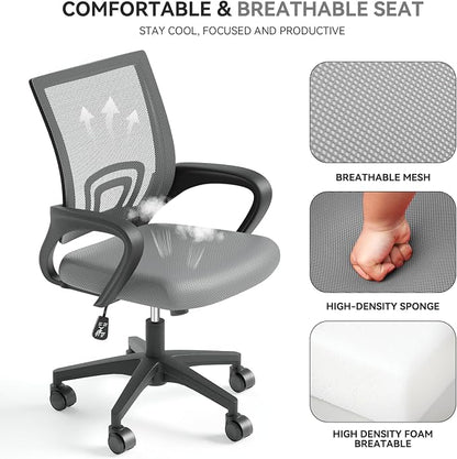 Office Chair, Ergonomic Mid-Back Mesh Desk Chair, 8 Pack, Light Gray | Lumbar Support, Adjustable Height, Rolling Wheels Design, Comfy Armrest, For Work, Study, Gaming