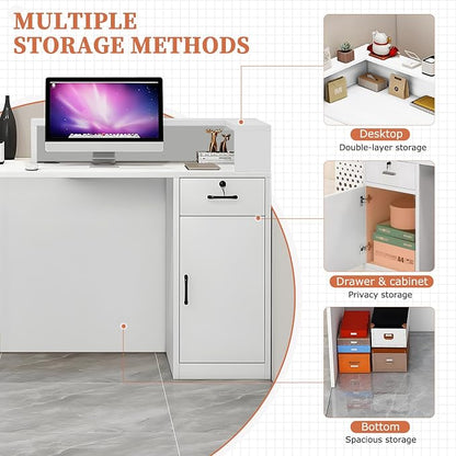 Modern Reception Desk with Drawer & Open Shelves, 39-95 Inch Front Counter Table, Computer Workstation Suitable for Salons, Offices, Lobbies, Retail Stores and Home Offices