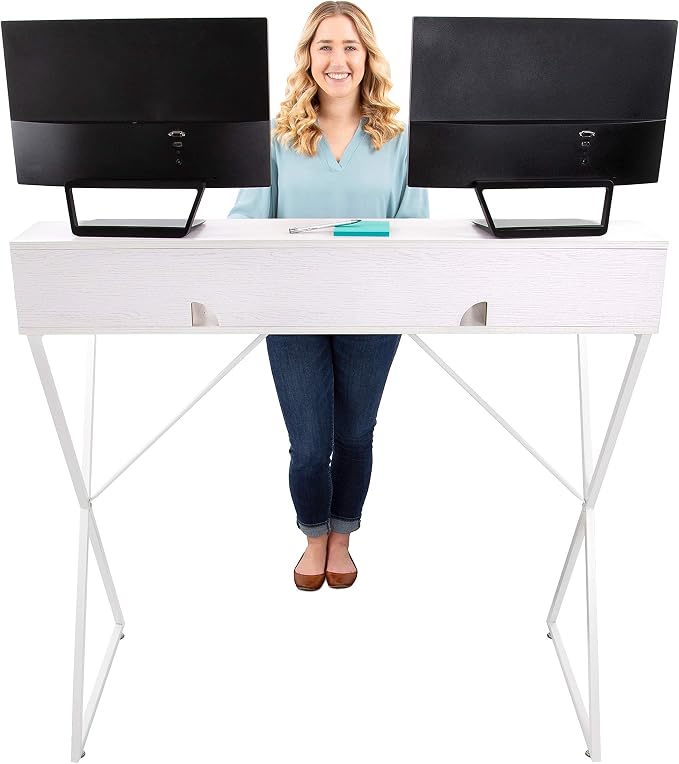 Stand Steady Joy Standing Desk | Pretty Standing Desk with Shelf & Built-in Storage Cubbies | Modern Stand Up Workstation | Tall Desk & Reception Table for Home, Dorm & Office (White / 48in x 42in)