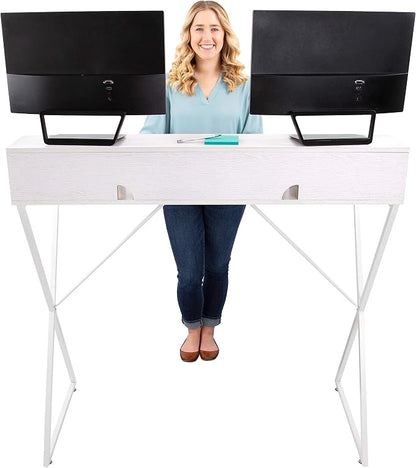 Stand Steady Joy Standing Desk | Pretty Standing Desk with Shelf & Built-in Storage Cubbies | Modern Stand Up Workstation | Tall Desk & Reception Table for Home, Dorm & Office (White / 48in x 42in)