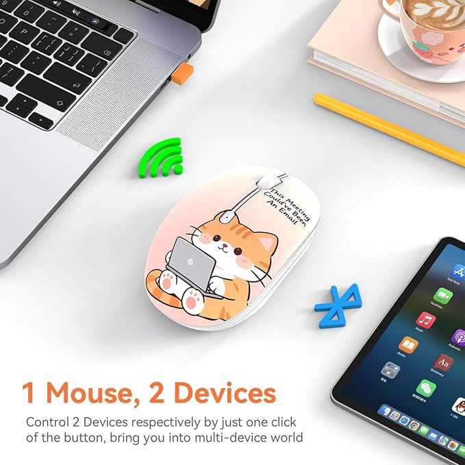FMOUSE Cute Wireless Mouse, Bluetooth 2.4GHz Dual Mode with USB Receiver, Silent Click, AA Battery Powered, for Office Women Work Desk, Compatible with Laptop Mac iPad PC (Workaholic Cat)