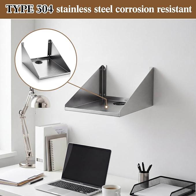 Hicarer Wall Mounted Stainless Steel Printer Shelf 12" x 9"x 6" Restaurant Ticket Printer Shelf 304 Stainless Steel 50 lb Capacity 16 Gauge, Silver