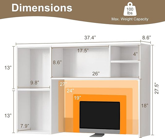 ZIFTY Desk Hutch with 6 Shelves, 37.4" Desktop Bookshelf Organizer for Monitor up to 27", Hutch Top for Computer Desk, Countertop Storage Shelf Wood Display Rack for Office Home Dorm, White