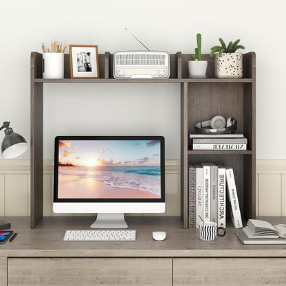 GOFLAME 5 Shelves Desktop Bookshelf, Wood Desk Hutch Dorm for Computer Desk, Countertop Display Rack, 3-Tier Desk Storage Organizer Shelf for Dormitory, Home Office, Study, Gray