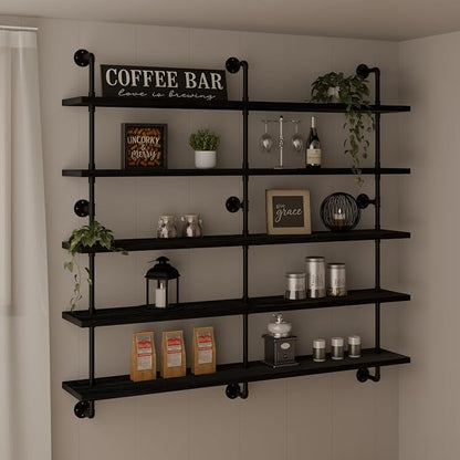 HDDFER Floating Shelves for Wall Bookshelf Industrial Pipe Shelving Shelves 60 Inch 5 Tier Natural Wood Planks Rustic Wall Shelves Hanging Bookshelves Farmhouse Kitchen Shelving
