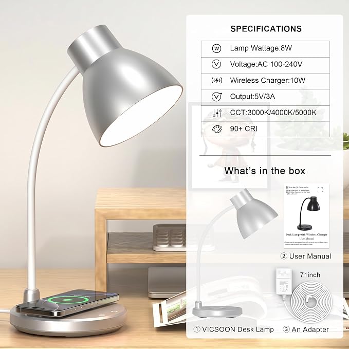 Desk Lamp for Home Office - LED Desk Lamp with Wireless Charger, 3 Color Modes Dimmable Eye-Caring Study Reading Desk Light, Small Flexible Arm Table Lamp for College Dorm Room Bedside, Silver
