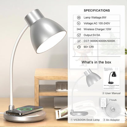 Desk Lamp for Home Office - LED Desk Lamp with Wireless Charger, 3 Color Modes Dimmable Eye-Caring Study Reading Desk Light, Small Flexible Arm Table Lamp for College Dorm Room Bedside, Silver
