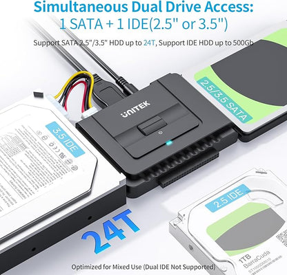 Unitek USB 3.0 to IDE and SATA Converter External Hard Drive Adapter Kit for Universal 2.5/3.5 HDD/SSD Hard Drive Disk, One Touch Backup Function, Included 12V/2A Power Adapter
