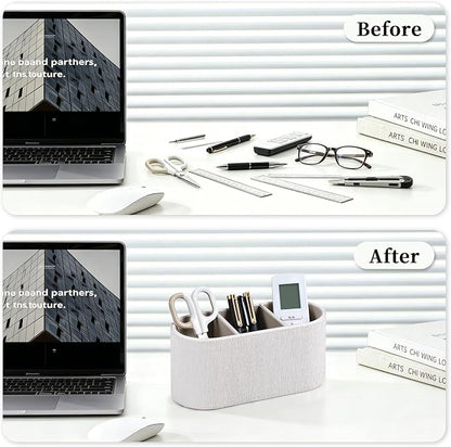 Aesthetic Remote Control Holder, PU Leather Remote Holder Desktop Organizers with 3 Compartments for Home Office Supplies and Accessories, Stylish Bedside Nightstand Organizer (Linen)