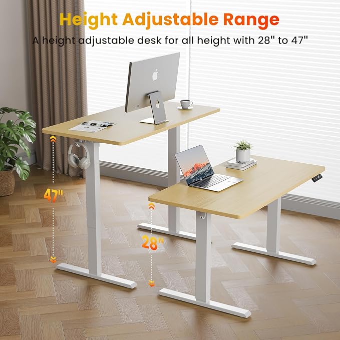 WALKINGDESK 55x24 Inches Height Adjustable Electric Standing Desk with 2 Hooks for Home Office, Ergonomic Sit Stand up Desk with Splice Board, Oak