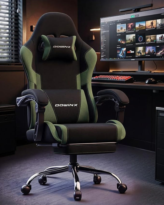 Dowinx Ergonomic Gaming Chair with Footrest & Massage Lumbar, 2D-Linkage Armrests for Computer Chair 330lbs with Headrest Pillow for Office, Home, Streaming and Long Gaming Sessions, Fabric Dark Green