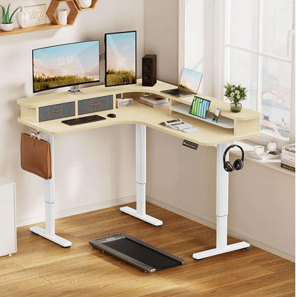 Flycity Electric L Shaped Standing Desk with Drawers, 63" x 55" Corner Standing Desk Adjustable Height, Stand Up Home Office Desk, Dual Motor Sit Stand Desk with 3 Memory Preset & Lock, Maple