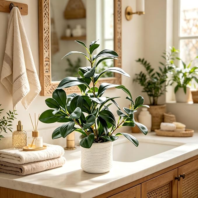 AlphaAcc 16 inch Artificial Indoor Plants Office Desk Faux Plant Peperomia Leaf Ficus Plant Realistic Small Fake Farmhouse Plants for Home Kitchen Bathroom Bedroom Evergreen Decor