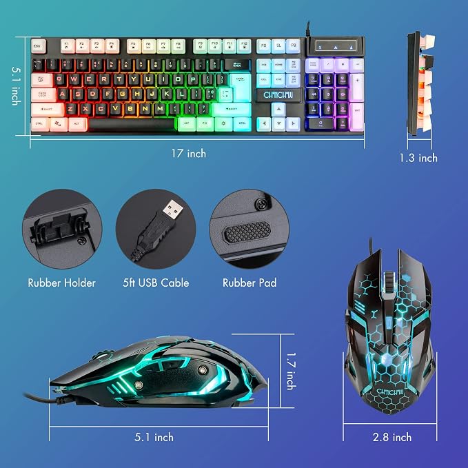 CHONCHOW Light Up Keyboard and Mouse Combo, Full Size RGB Gaming LED Keyboard and Rainbow Wired Gaming Mouse for PS4 PS5 Xbox One Computer Desktop PC Gamer Office