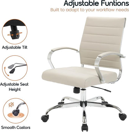 LeisureMod Benmar Leather Office Desk Chair, Mid-Back Ergonomic Swivel Chair with Lumbar Support, Adjustable Height, Tilt Lock, Cushioned Seat & Back, Home Office Task Chair (Tan, Pallet)