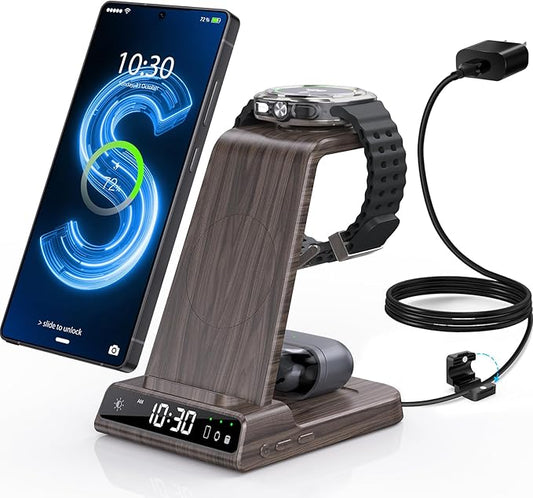 Wireless Charger for Samsung Charging Station with Clock for Samsung Galaxy S25 Ultra/S24 Ultra/Z Flip 7/Fold 6/Galaxy Bud, 3 in 1 Charger Station Watch Charger for Galaxy Watch 8/7/6/5Pro(Wood Grain)