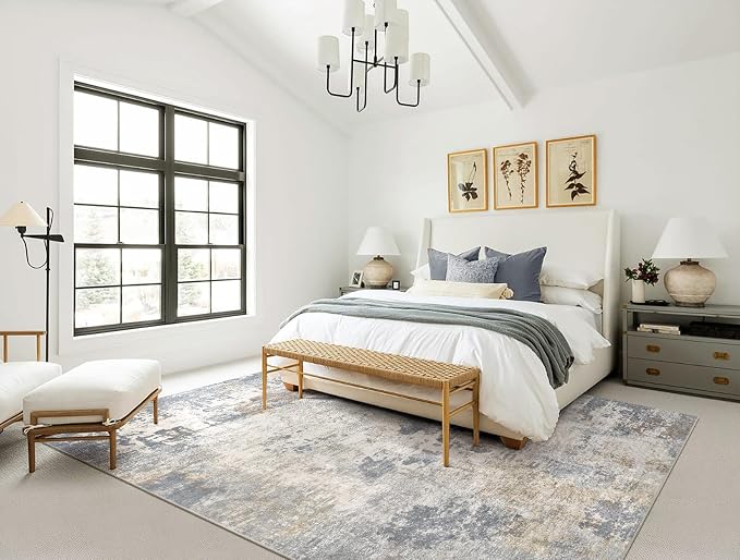 UERMEI 5x7 Area Rug Living Room Rugs - Washable Neutral Modern Abstract Soft Thin Large Rug Indoor Floor No Slip Rug Carpet for Bedroom Under Dining Table Home Office Decor - Blue Grey