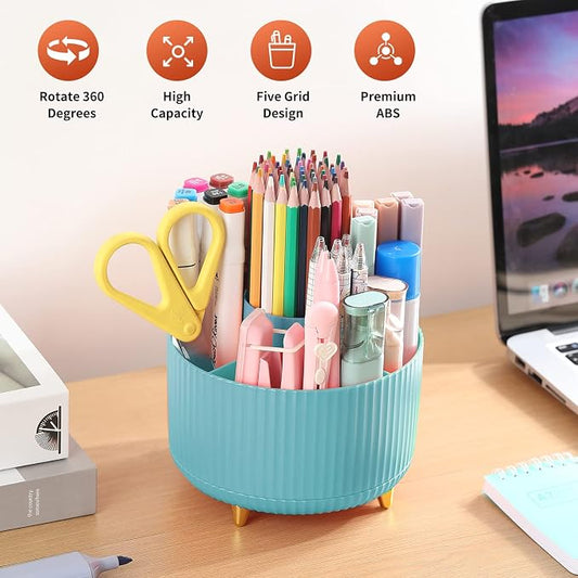 Desk Pencil Pen Holder, 5 Slots 360°Degree Rotating Organizers for, Desktop Storage Stationery Supplies Organizer, Cute Cup Pot Office, School, Home, Art Supply, Blue