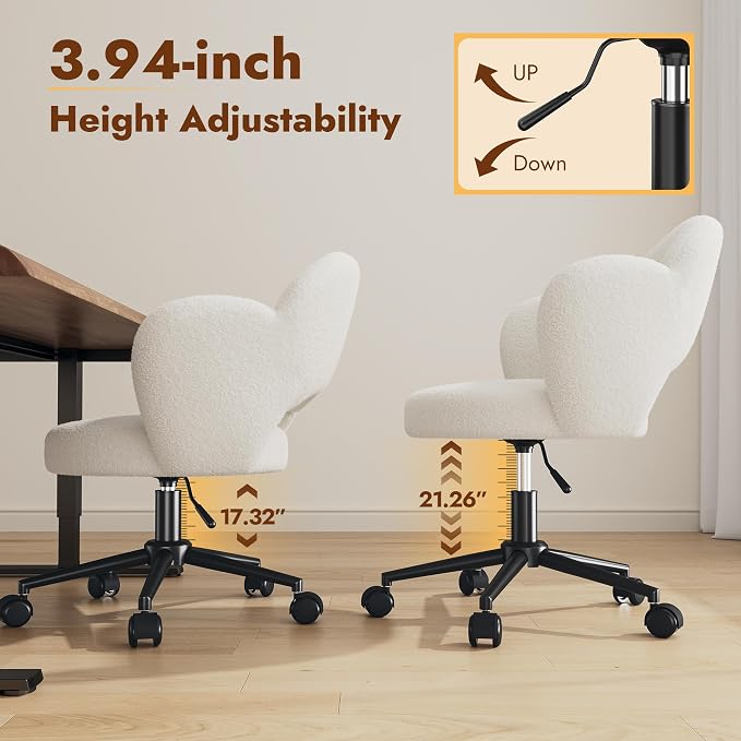 Homkdom Petal Vanity Chair with Wheels, 3.94" Thick Comfy Desk Chair, Swivel Armless Chair with Open Back and Adjustable Height, Ideal for Makeup Study Work and Relaxation, White