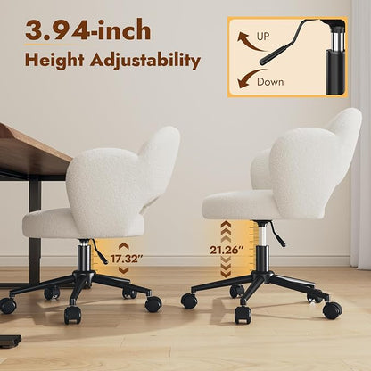 Homkdom Petal Vanity Chair with Wheels, 3.94" Thick Comfy Desk Chair, Swivel Armless Chair with Open Back and Adjustable Height, Ideal for Makeup Study Work and Relaxation, White