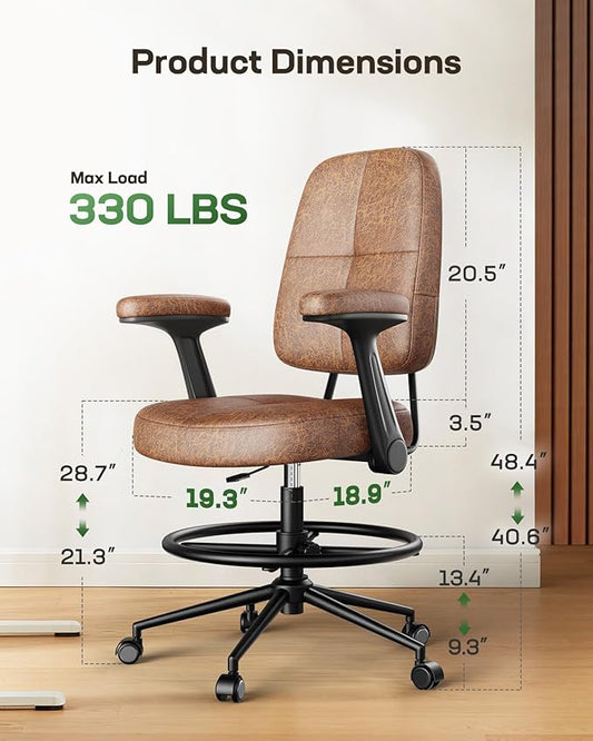 Marsail Drafting Chair with Flip-Up Armrests and Footrest, Ergonomic Tall Office Chair, Height Adjustable High Chair, Brown Leather Seat with Thick Cushion, 360° Swivel, Pack of 4