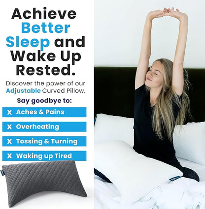 Sidney Sleep Adjustable Curved Pillows for Neck and Shoulder Support with Extra Shredded Fill - Cervical Contour Pillow for Side and Back Sleepers. Standard Size 19" x 26" CertiPUR-US Certified (Grey)